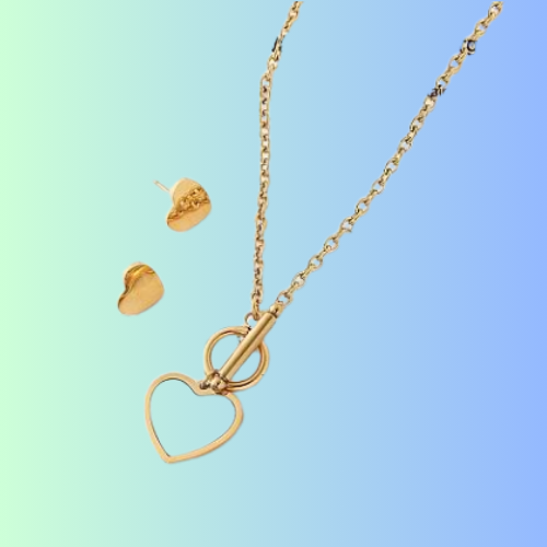 304 Stainless Steel Stud Heart Earrings & Pendant Necklaces Sets for Women, Golden, 510mm(ZF6190-4)
