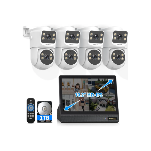 4K 8MP 4-Camera Dual Lens PTZ PoE Security Camera System with 10.2" Monitor & 1TB HDD – 350° Pan/Tilt, AI Auto Tracking, 2-Way Audio