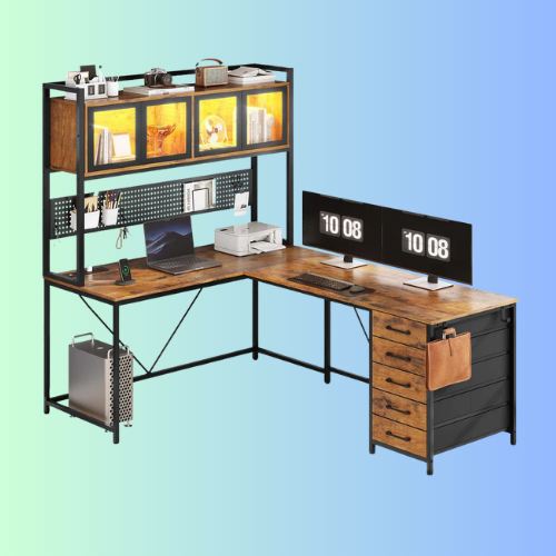 62 Inches LED Reversible L Shaped Gaming Desk Brown