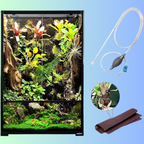 67 Gallon Large Reptile Terrarium 24"x18"x 36" Glass Paludarium Tank with 10” Deep Base, Siphon Gravel Cleaner Set and Plants Growing Cotton Mat Included