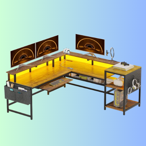 96 Inches L Shaped Reversible LED Gaming Desk Brown