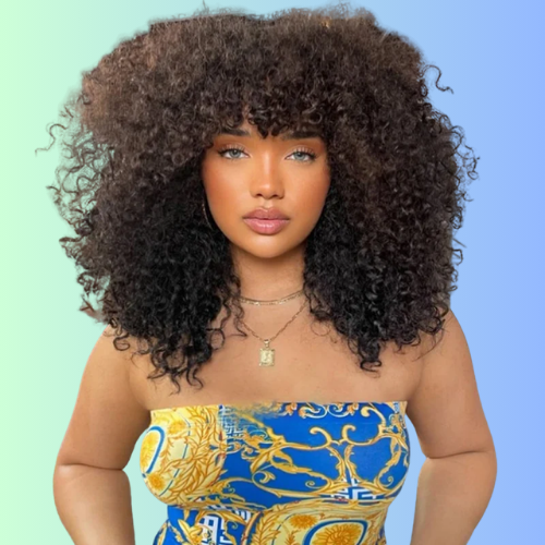 Amanda Double Drawn 300% Density 2×4 Lace Glueless Ombre Brown Curly Wig With Bangs & Drawstring