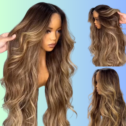 Amanda Highlight Honey Blonde Mix Brown Loose Wave Glueless 13x4 HD Transparent Pre Everything Lace Front Human Wigs