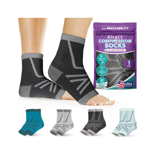 Ankle Compression Socks - Foot Support Sleeves for Plantar Fasciitis, Tendonitis, Arthritis, Ankle Sprains (1 Pair)