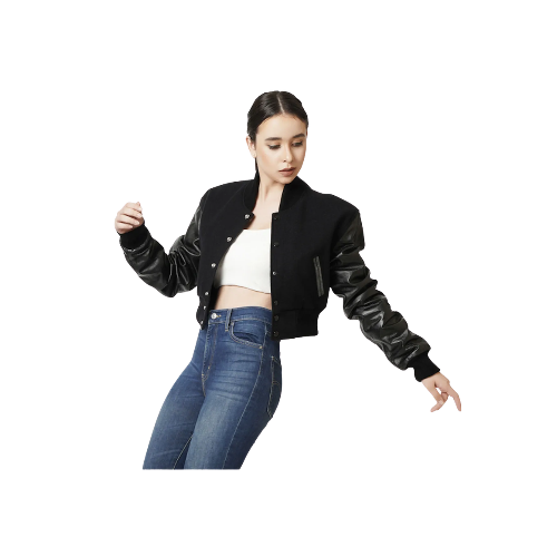 Black Wool & Black Leather Letterman Crop Top Jacket