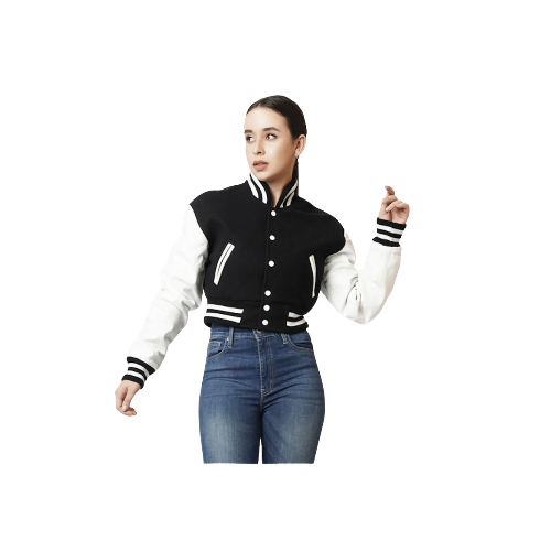 Black Wool & Bright White Leather Letterman Crop Top Jacket