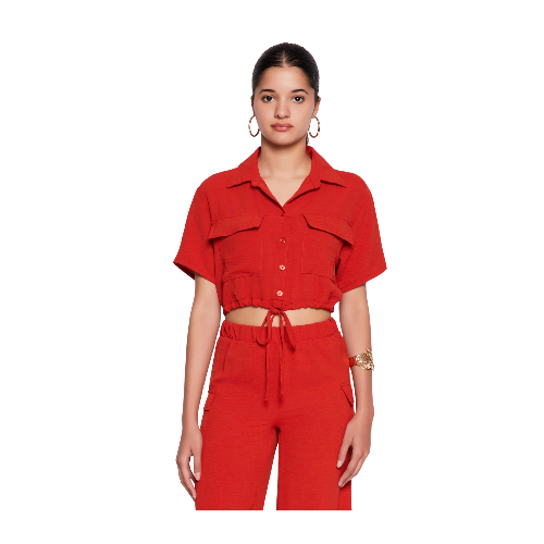 Crepe Knit Drawstring Hem Button Front Shirt - red