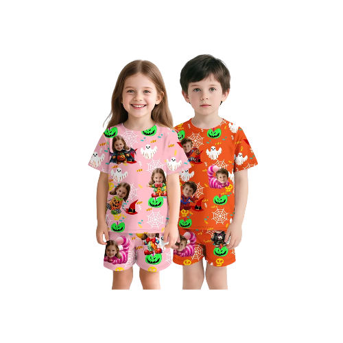 Custom Crew Neck Short Sleeve Kid's Pajama Thread Glide Runner Pink Cat Clown Cartoon Prints Halloween Birthday Gift For Girl and Boy