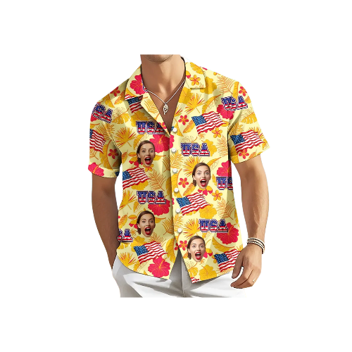 Custom Hawaiian Shirt With Your Face Tropical Flowers and American Flag Independence Day Gift For Him