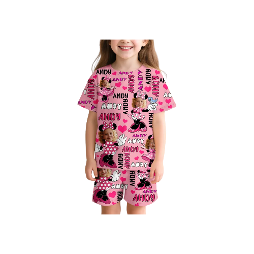 Custom Kid's Short Sleeve Round Neck Pajama Whisker Ears in Various Poses For Girl