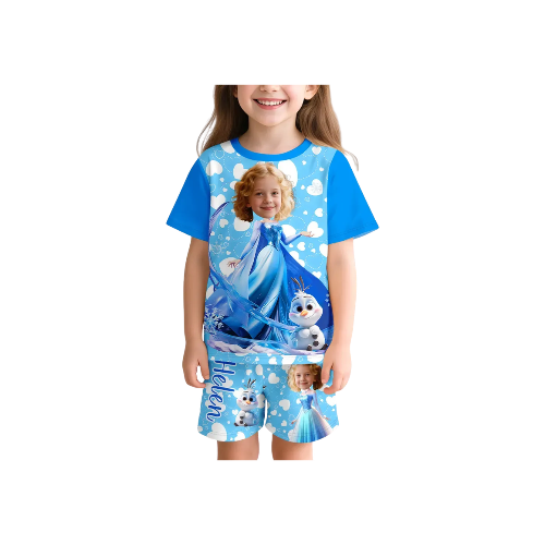 Custom Pajama Print Ice Sovereign Kids Sleep Set - Soft Print Pj Set For Girls Machine-Wash Birthday Gift Crew Neck Short Sleeve Kid's Pajama
