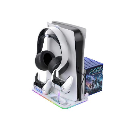 Fosmon PS5 Cooling Station, Vertical Stand with RGB Light LED Controller Charger Headset Hook & 15 Game Slots