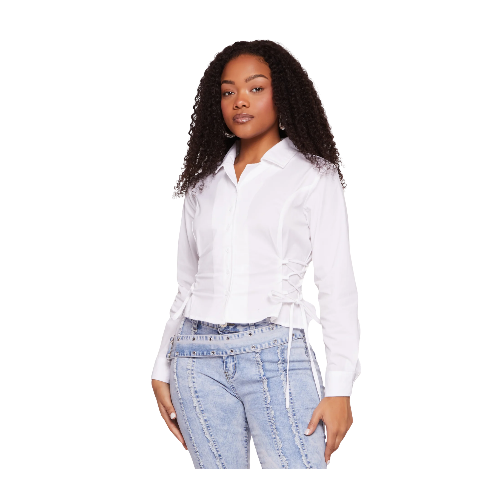 Lace Up Side Long Sleeve Shirt - white
