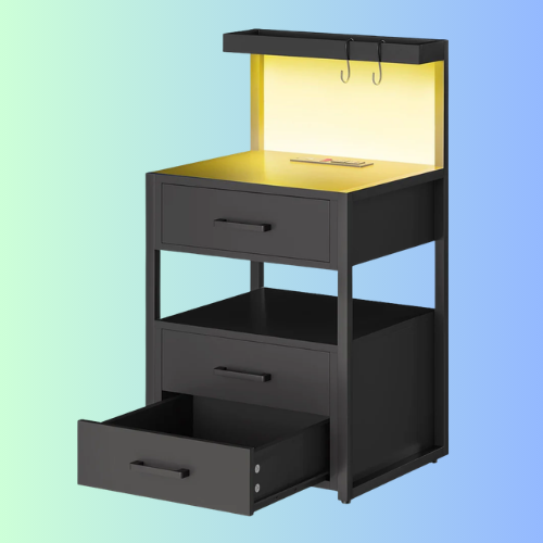LED Nightstand with 3 Drawers Charging Station Black