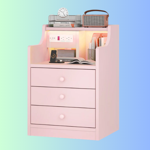 LED Nightstand with 3 Storage Drawers Pink
