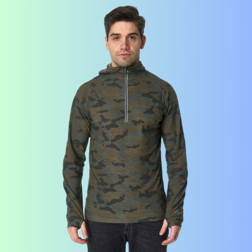 Men's Merino Wool Half Zip Hoodie 190 Camo