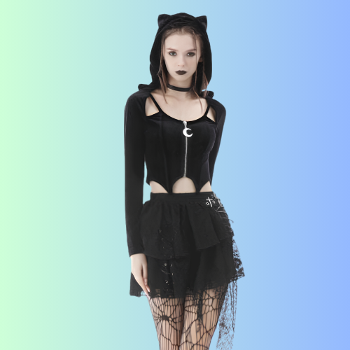 Night Cat Zipper Hoodie Top