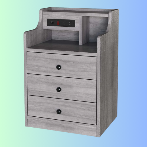 Nightstand with 3 Drawers Charging Station Grey