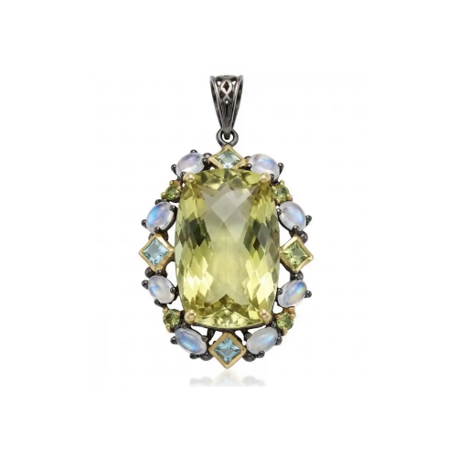 Perfection fancy emerald cut 30.3 carat Lemon Quartz black rhodium over .925 Sterling Silver handcrafted 2 tones pendant