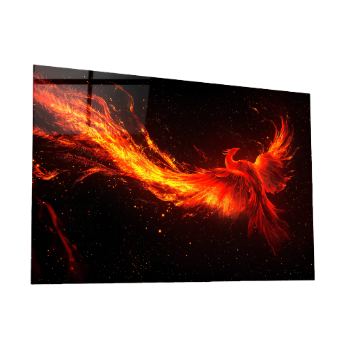 Phoenix Rising in Flames – Fiery Bird Glass Wall Art