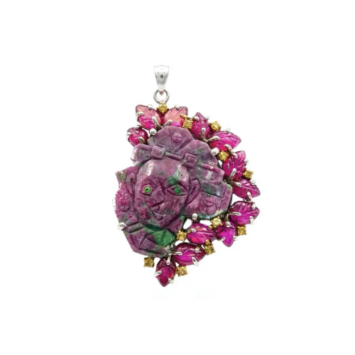 Picasso Carving 34ct Handmade Authentic best quality Ruby in Zoisite 14K Gold over .925 Sterling Silver Pendant