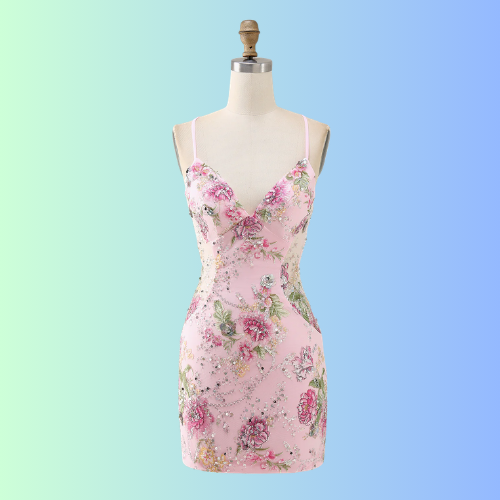 Pink Bodycon Short Floral Homecoming Dress with Sequins