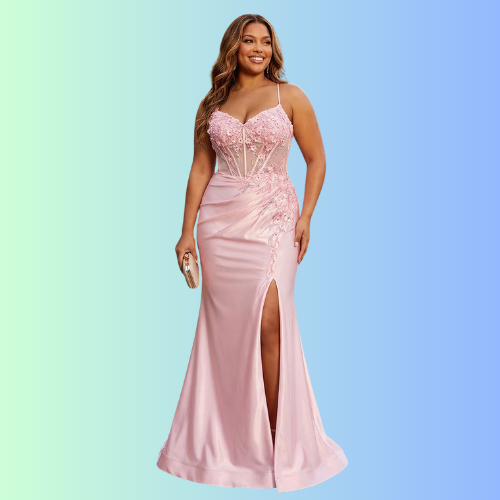 Pink Mermaid Spaghetti Straps Sheer Corset Floral Long Prom Dress with Slit