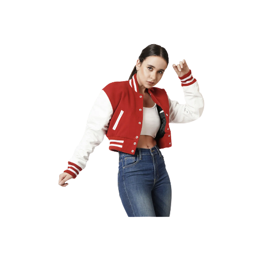 Scarlet Red & White Crop Top Letterman Jacket