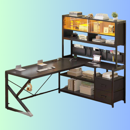 SEDETA 59 Inch L Shaped LED Gaming Desk Home Office Computer Table with Drawers and Bookshelf