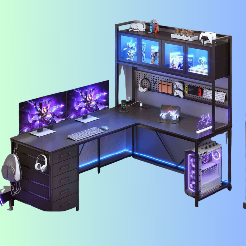 SEDETA 62 Inch L Shaped LED Gaming Desk with Hutch & Pegboard, Corner Computer Table with Drawers, Power Outlet