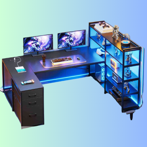 SEDETA 64.5 Inch Office LED Reversible Computer Desk Gaming Desk with Drawer Storage Bookshelf
