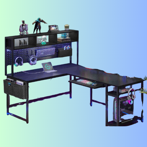 SEDETA 67 Inch L Shaped Gaming Desk Reversible Computer Desk with Led Lights Power Outlet Pegboard