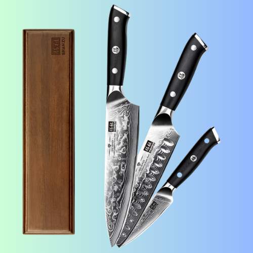 SHAN ZU PRO | 4-Piece Damascus Set + Wooden Magnetic Bar