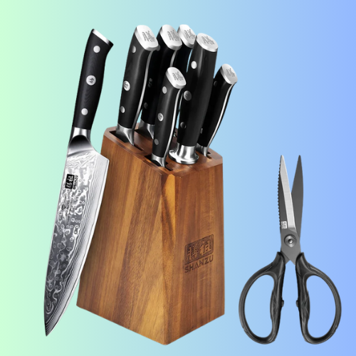 SHAN ZU PRO | 7-Piece Damascus Knife Block + Sturdy Kitchen Shears