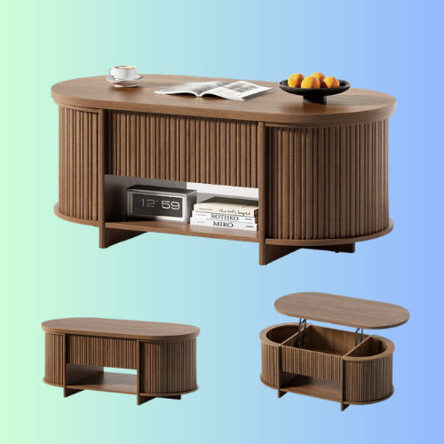 Sikaic Oval Fluted Lift Top Coffee Table with 3 Hidden Compartments and Open Shelf Brown