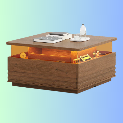 Sikaic Square Horizontal Coffee Table with LED Lights and Tempered Glass Drawer Brown