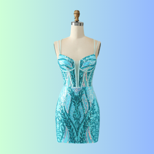 Sparkly Blue Bodycon Spaghetti Straps Corset Homecoming Dress with Sequins