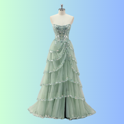 Sparkly Sage Green A Line Sequins Corset Tiered Long Prom Dress with Slit