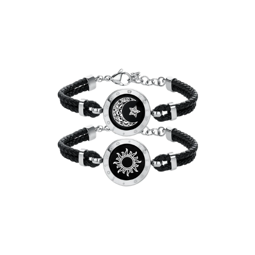 Sun & Moon Touch Bracelets with Braided Leather Rope (Black+Black)