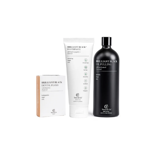 Terra & Co.® Brilliant Black Whitening Bundle | Charcoal Oil Pulling, Hydroxyapatite Toothpaste & Bamboo Floss | Fluoride-Free Natural Teeth Whitening Kit