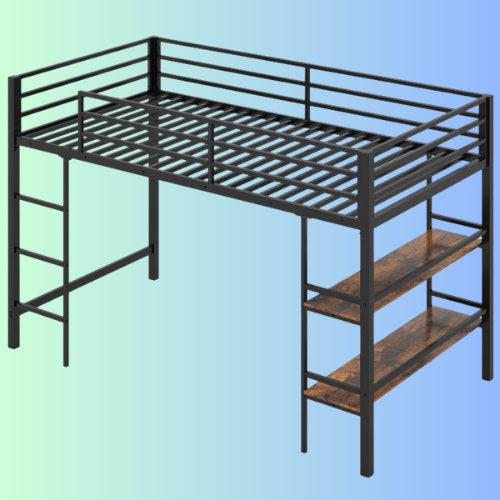 Twin Size Low Loft Bed with Ladder and Storage Shelves Metal Frame for Boys Girls