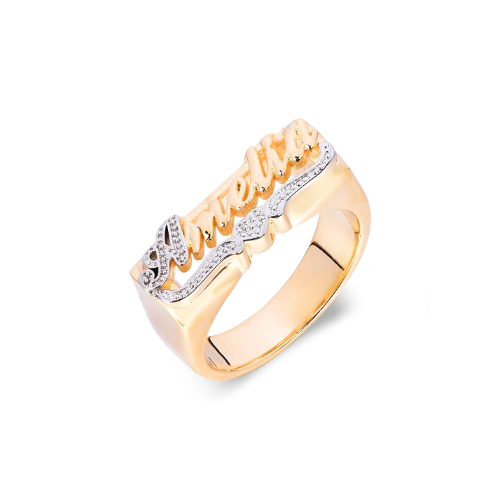 Two Tone Nameplate with Heart Personalized Custom Gold Plated Name Ring