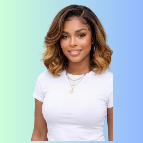 UNice 7x5 & 13x4 Pre-Everything Lace Frontal Brown With Honey Blonde Face-Framing Highlights Wavy Bob Glueless Drawstring Wig Secure Fit